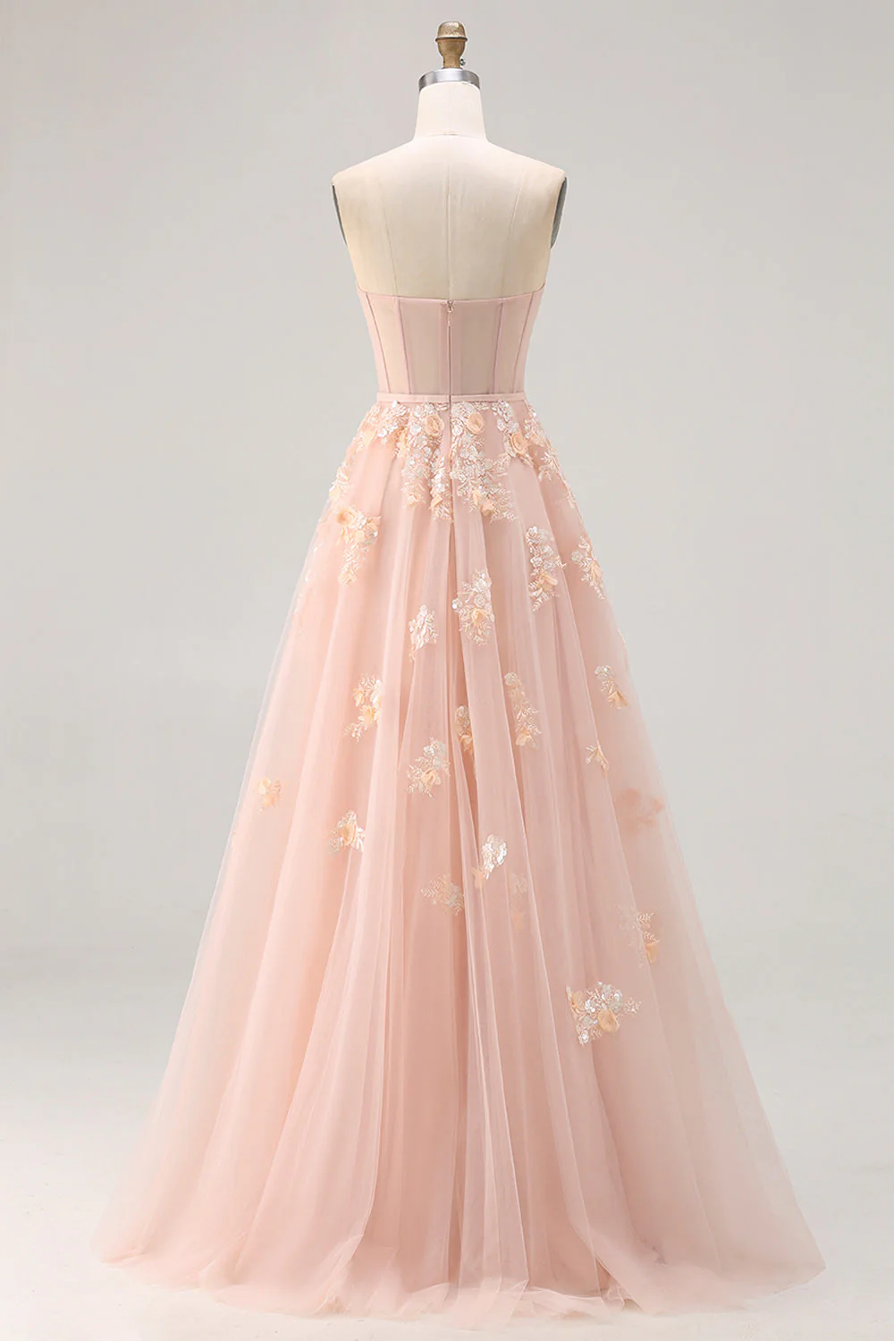 Blush A-Line Tulle Appliqued Corset Convertible Long Prom Dress with Sleeves - Image 5