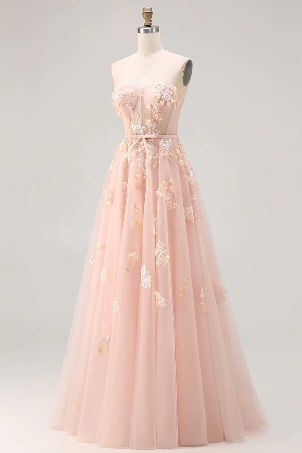 Blush A-Line Tulle Appliqued Corset Convertible Long Prom Dress with Sleeves - Image 6
