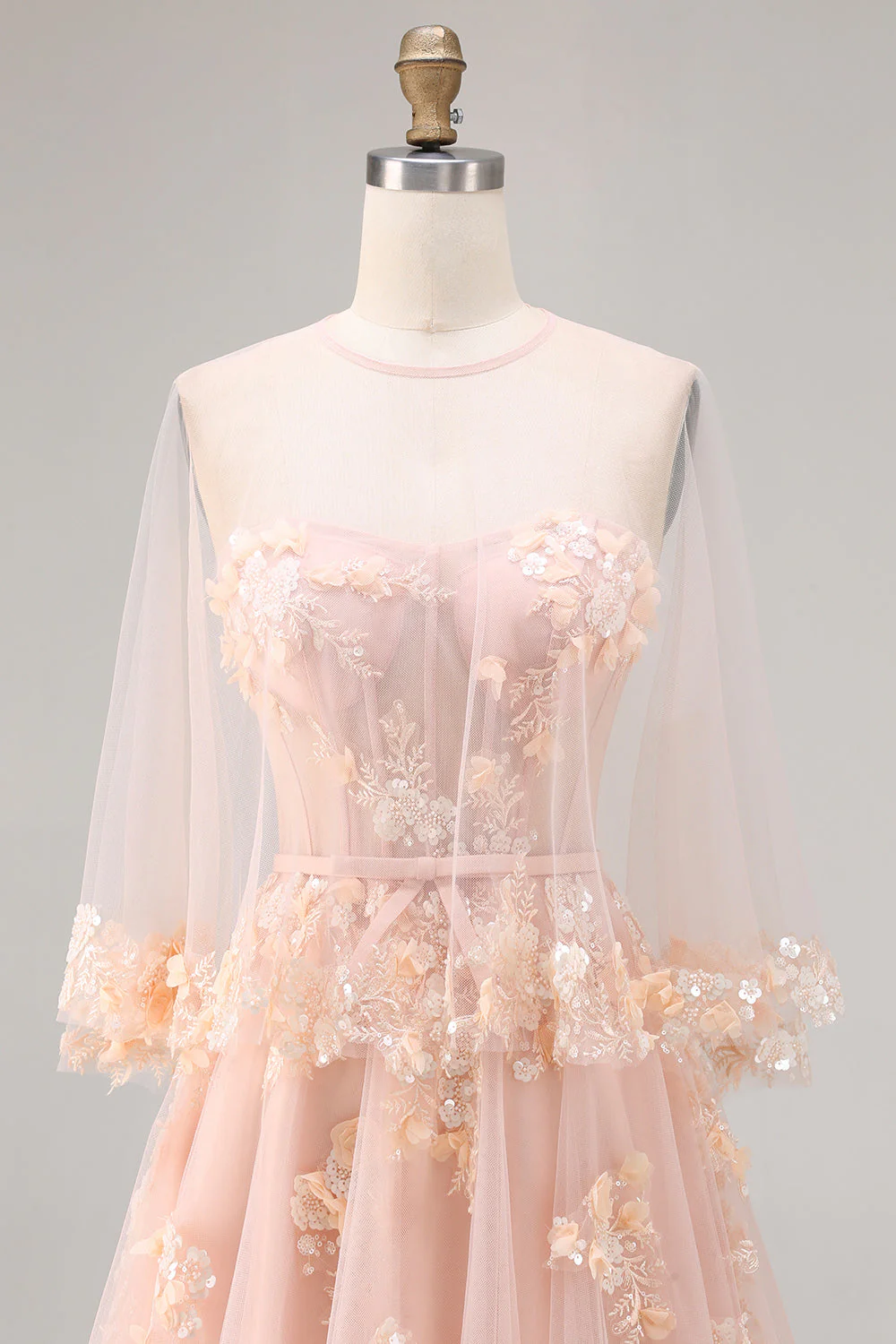 Blush A-Line Tulle Appliqued Corset Convertible Long Prom Dress with Sleeves - Image 7