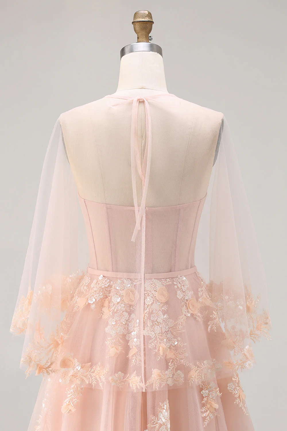 Blush A-Line Tulle Appliqued Corset Convertible Long Prom Dress with Sleeves - Image 8