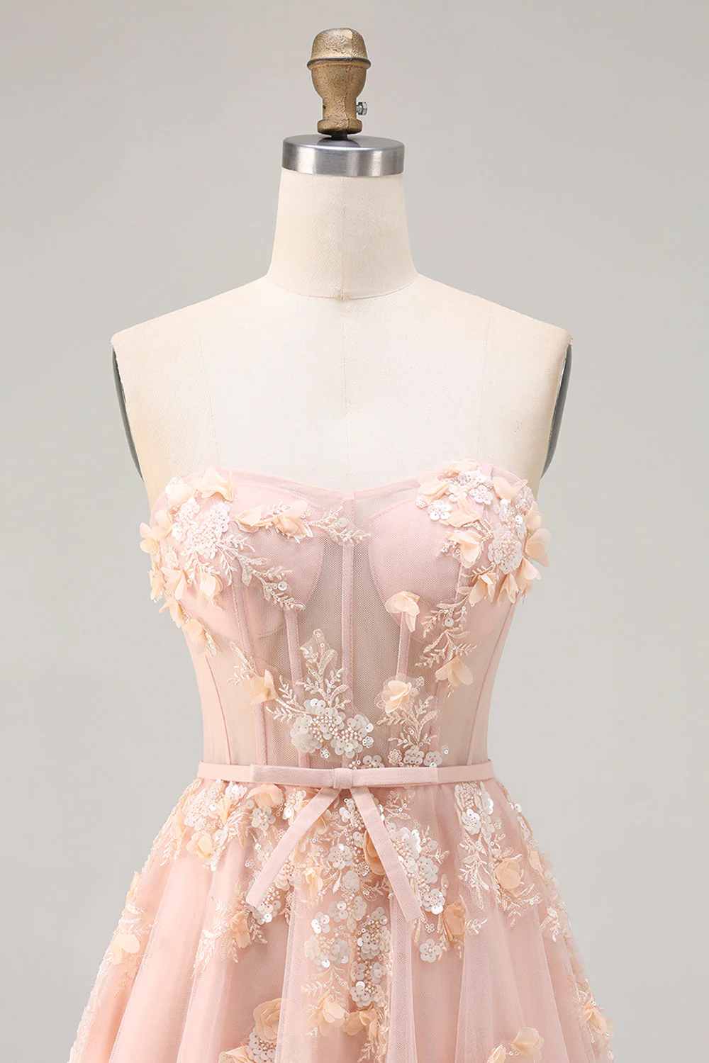 Blush A-Line Tulle Appliqued Corset Convertible Long Prom Dress with Sleeves - Image 9