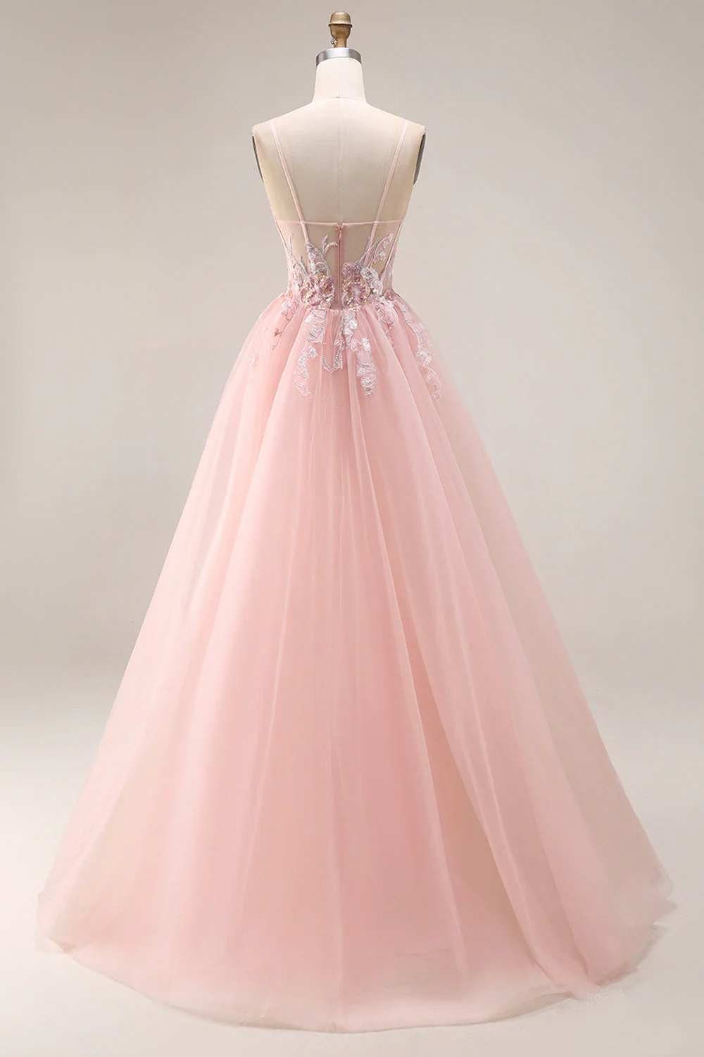 Blush Appliqued A-Line Tulle Corset Spaghetti Straps Long Prom Dress - Image 2