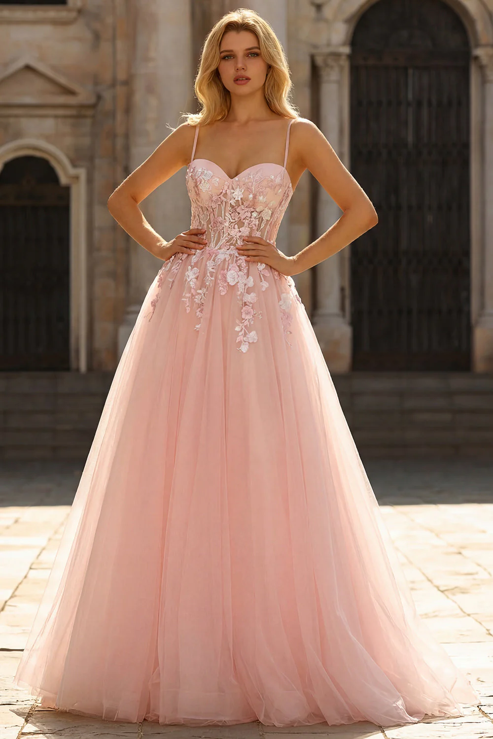 Blush Appliqued A-Line Tulle Corset Spaghetti Straps Long Prom Dress - Image 3