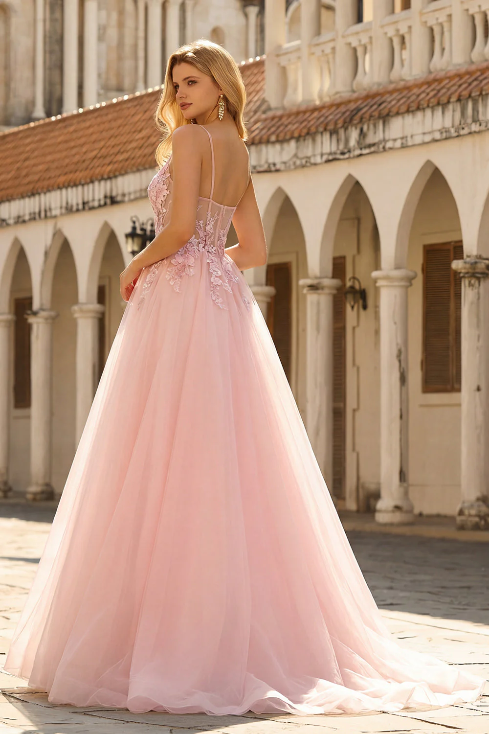Blush Appliqued A-Line Tulle Corset Spaghetti Straps Long Prom Dress - Image 4