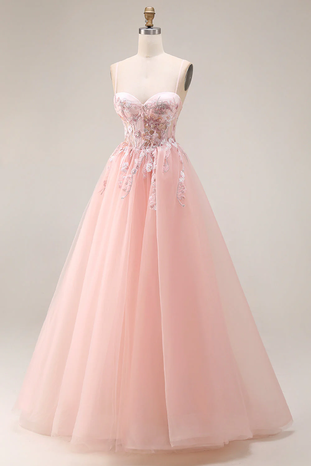 Blush Appliqued A-Line Tulle Corset Spaghetti Straps Long Prom Dress - Image 5