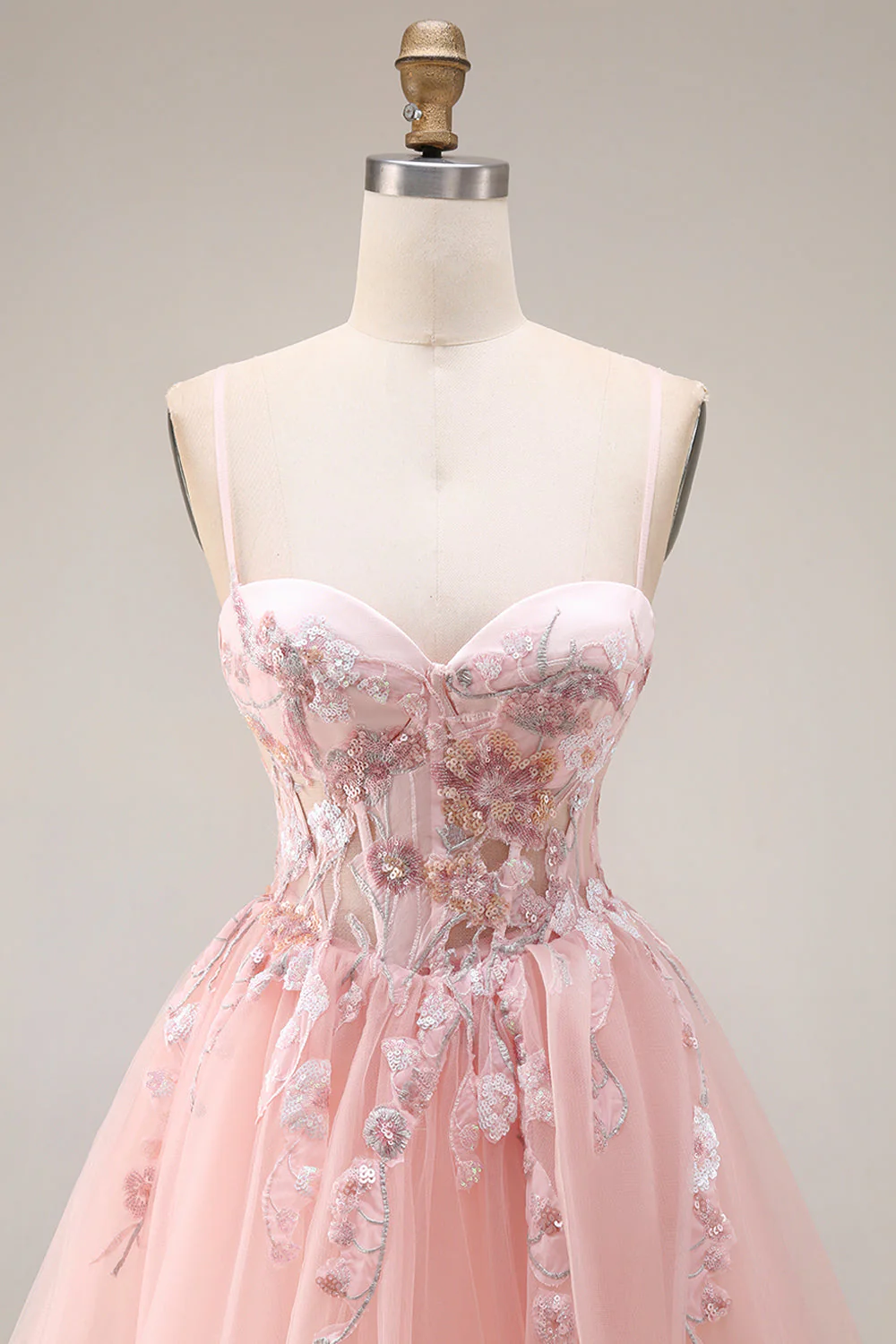 Blush Appliqued A-Line Tulle Corset Spaghetti Straps Long Prom Dress - Image 6