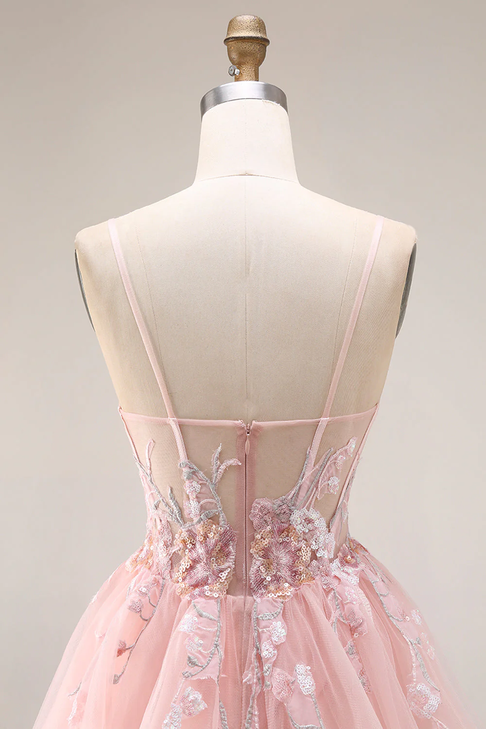 Blush Appliqued A-Line Tulle Corset Spaghetti Straps Long Prom Dress - Image 7