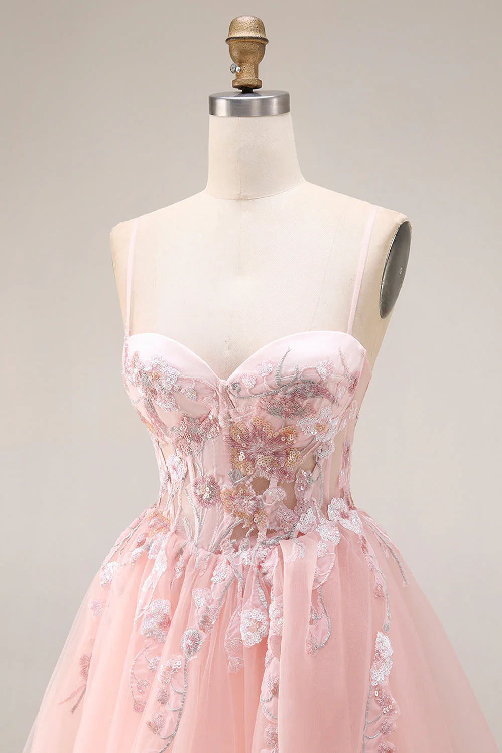 Blush Appliqued A-Line Tulle Corset Spaghetti Straps Long Prom Dress - Image 8