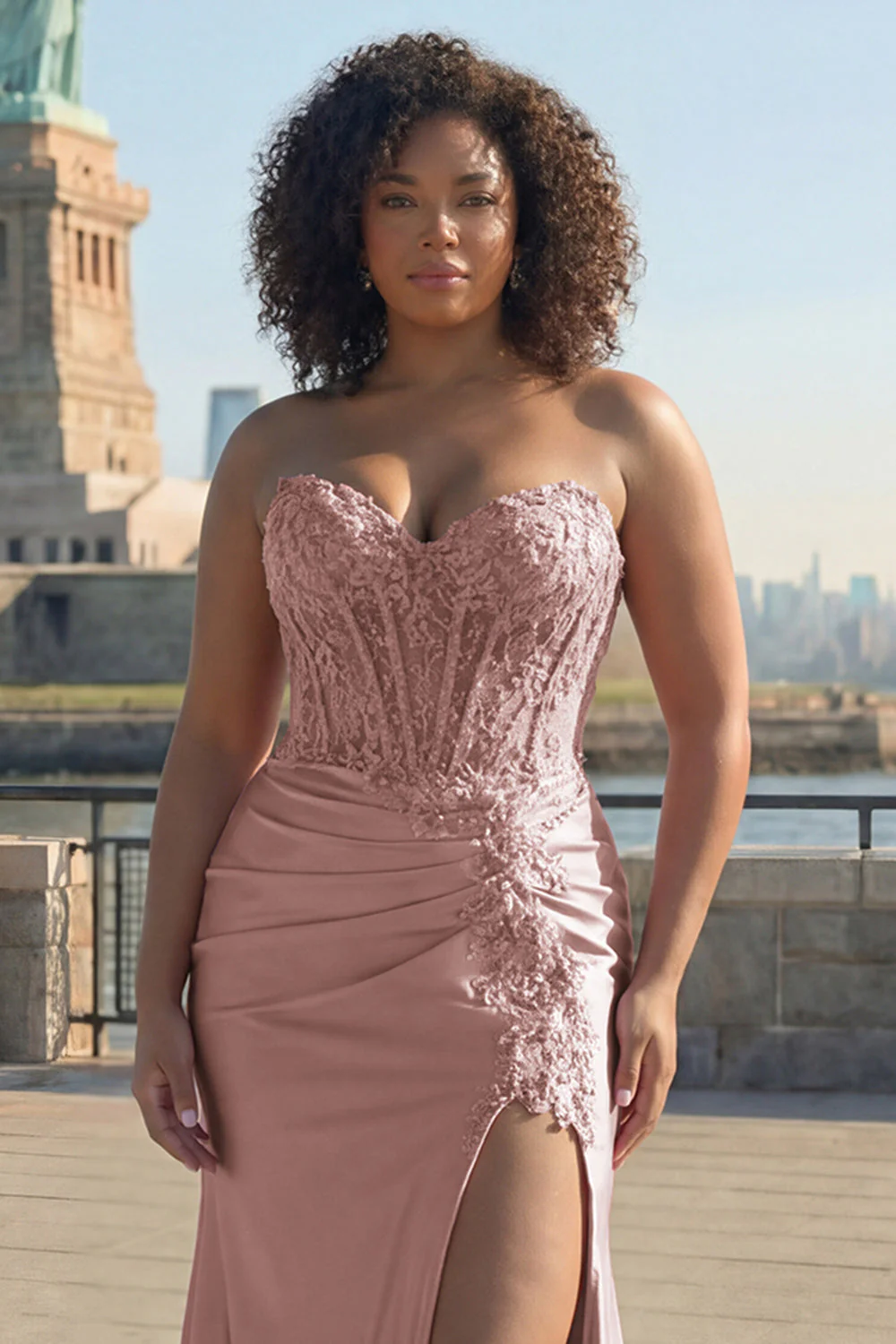 Blush Appliqued Sweetheart Corset Mermaid Long Plus Size Prom Dress with Slit - Image 3