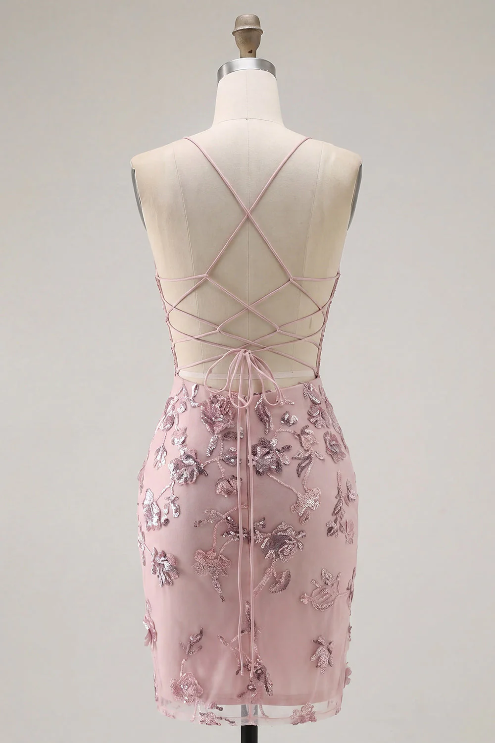 Sparkly Blush Bodycon Halter Sheer Corset Sequin Cocktail Dress - Image 2