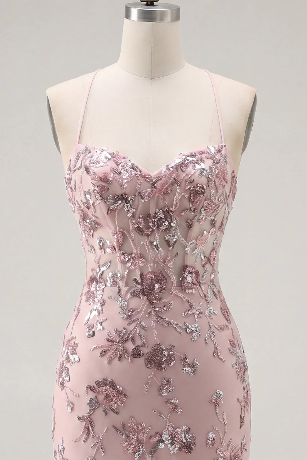Sparkly Blush Bodycon Halter Sheer Corset Sequin Cocktail Dress - Image 7