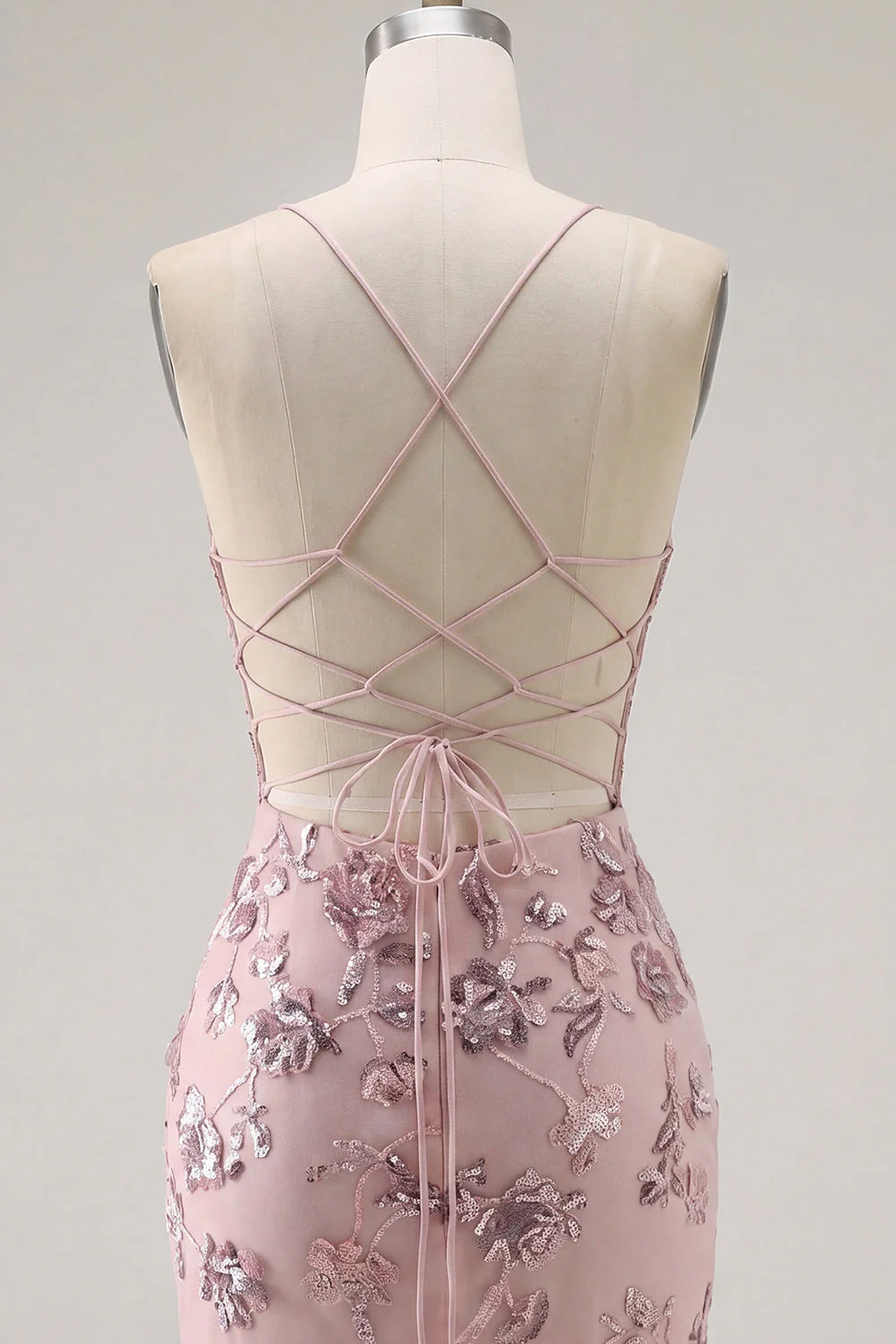 Sparkly Blush Bodycon Halter Sheer Corset Sequin Cocktail Dress - Image 8