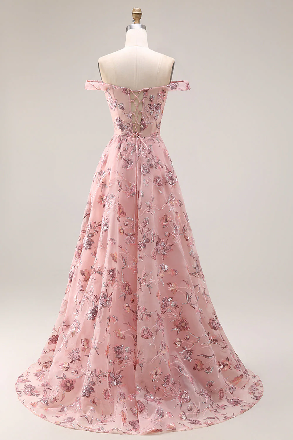 Blush Floral Off The Shoulder A Line Long Prom Dress with Slit - Image 2