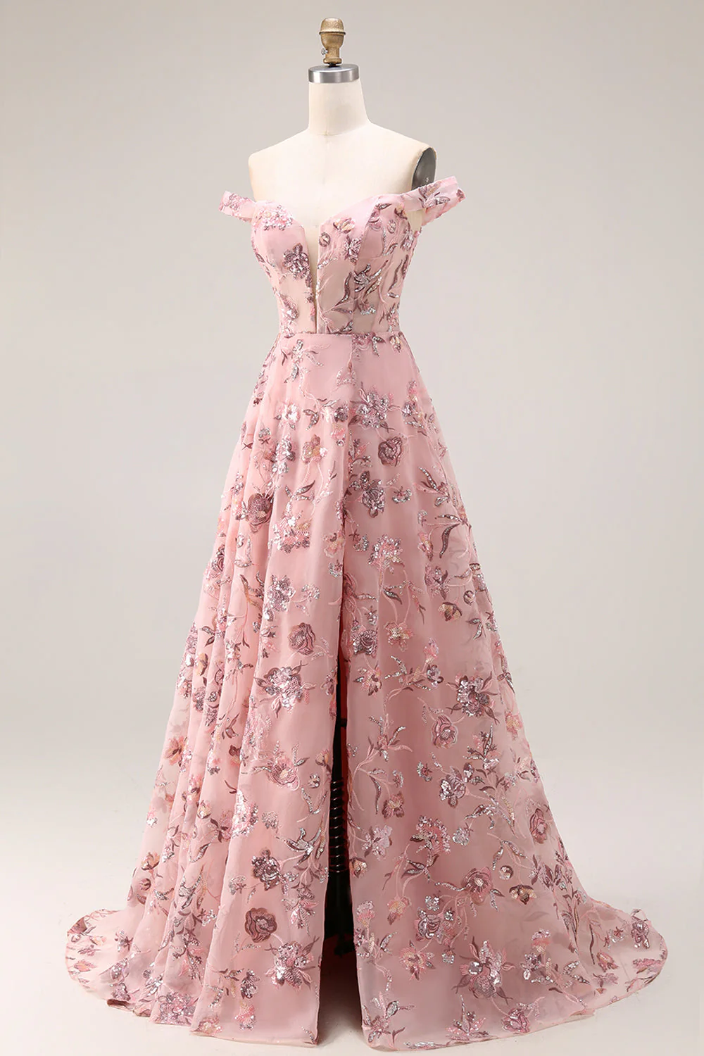 Blush Floral Off The Shoulder A Line Long Prom Dress with Slit - Image 3