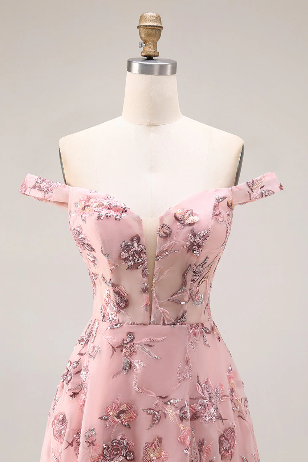 Blush Floral Off The Shoulder A Line Long Prom Dress with Slit - Image 4