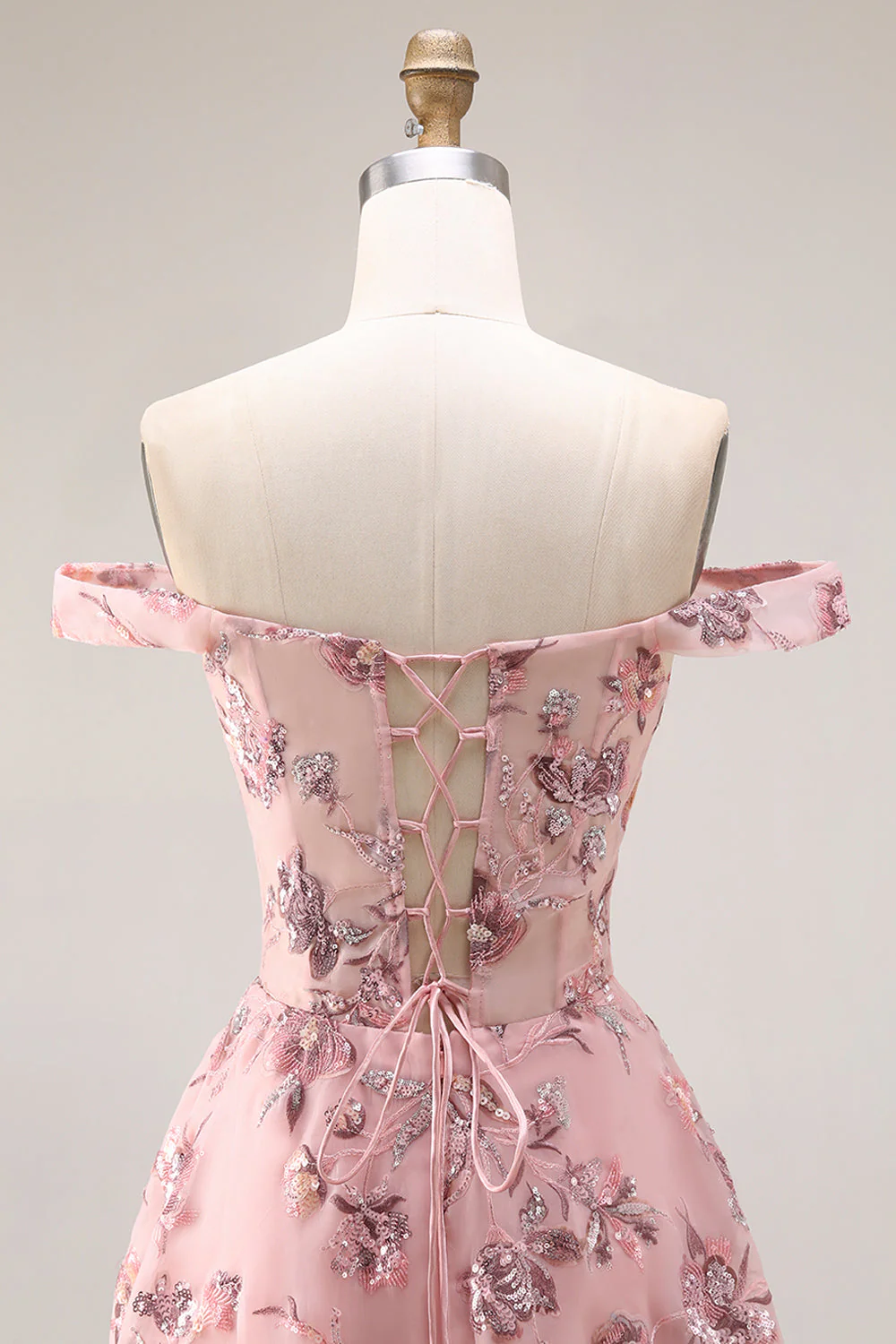 Blush Floral Off The Shoulder A Line Long Prom Dress with Slit - Image 5