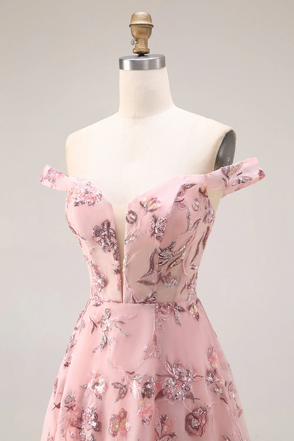 Blush Floral Off The Shoulder A Line Long Prom Dress with Slit - Image 6