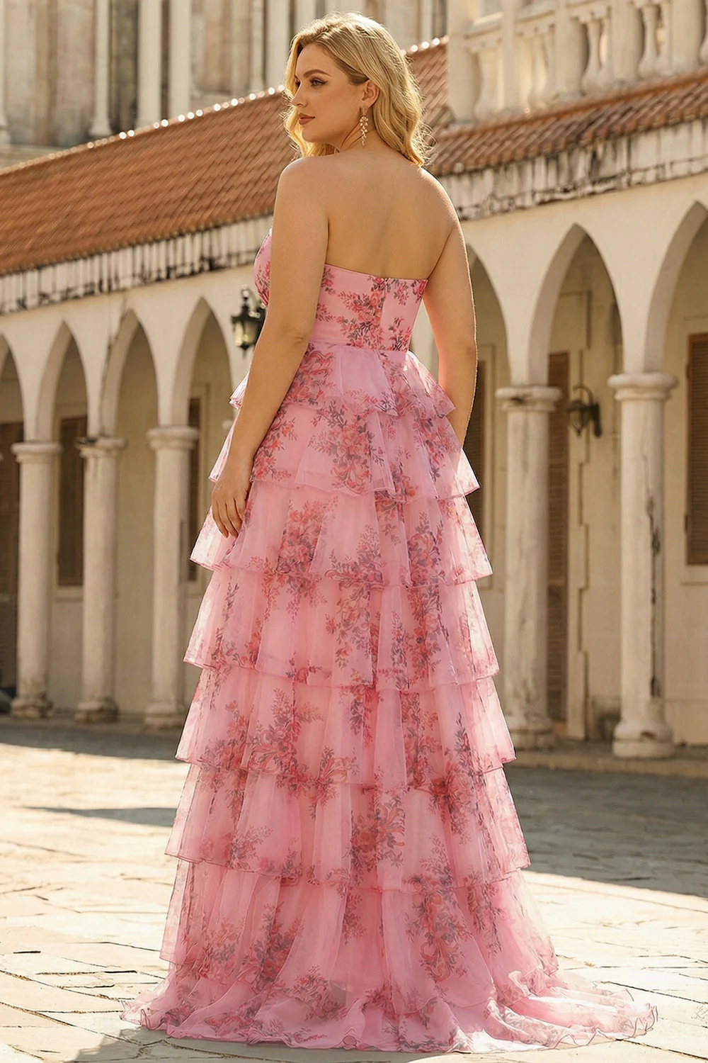 Blush Floral Printed Princess Sweetheart Tiered Long Plus Size Prom Dress - Image 2