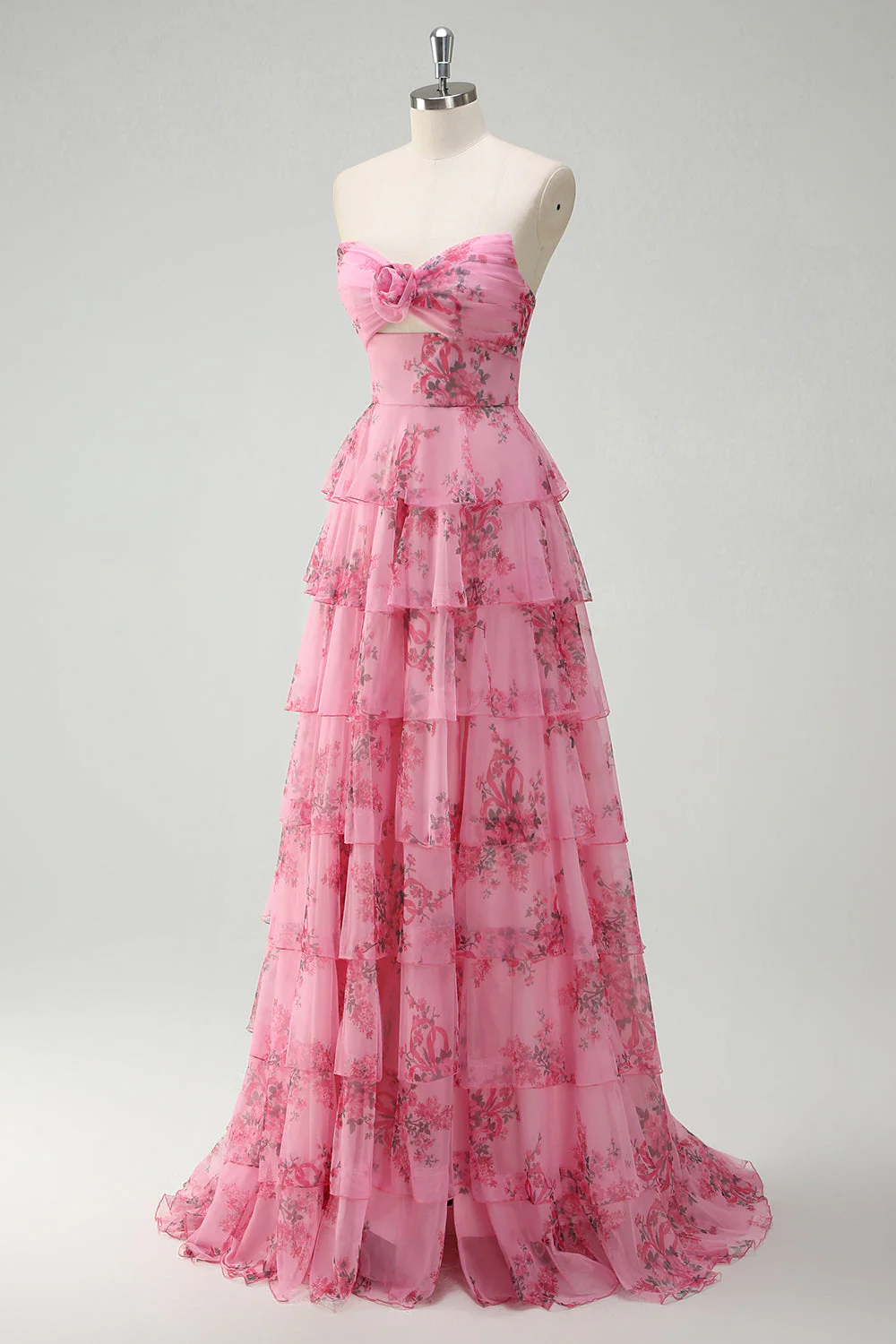 Blush Floral Printed Princess Sweetheart Tiered Long Prom Dress - Image 3