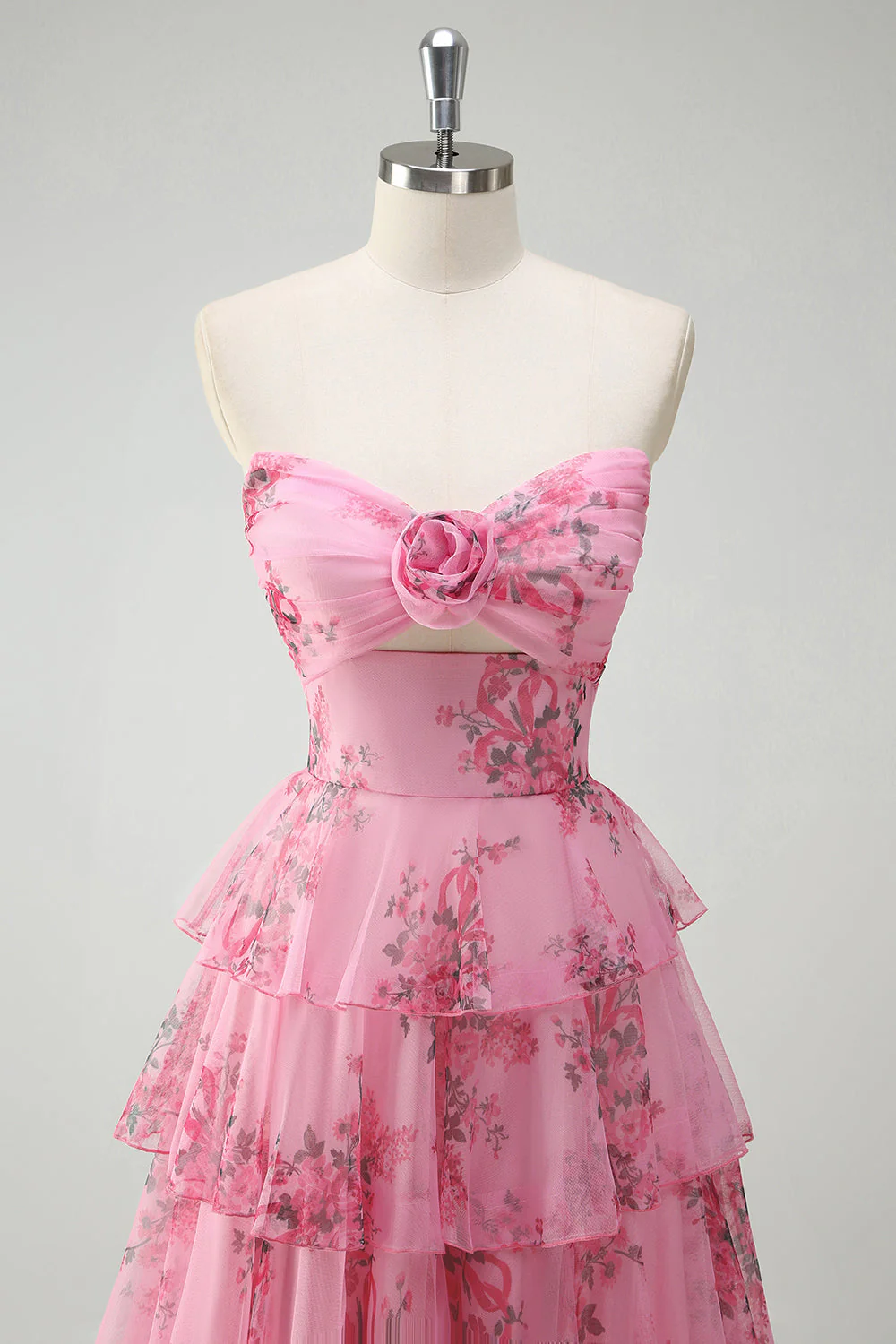 Blush Floral Printed Princess Sweetheart Tiered Long Prom Dress - Image 4