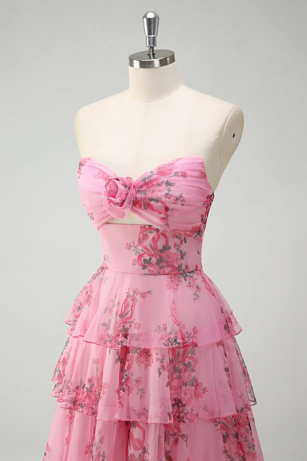 Blush Floral Printed Princess Sweetheart Tiered Long Prom Dress - Image 6
