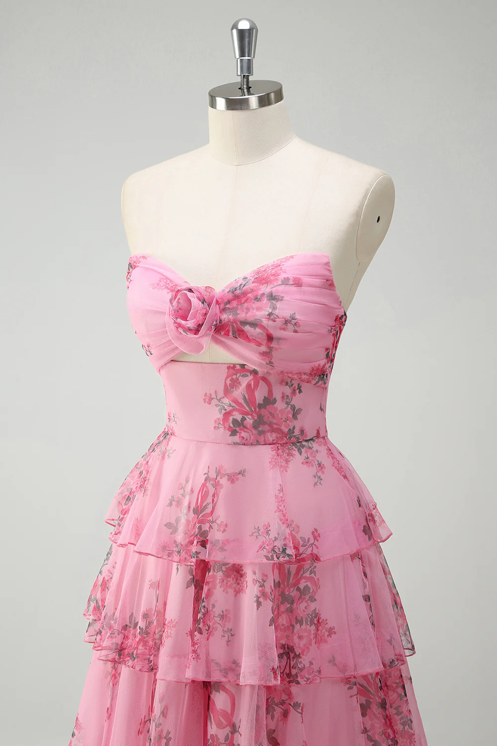 Blush Floral Printed Princess Sweetheart Tiered Long Prom Dress - Image 7