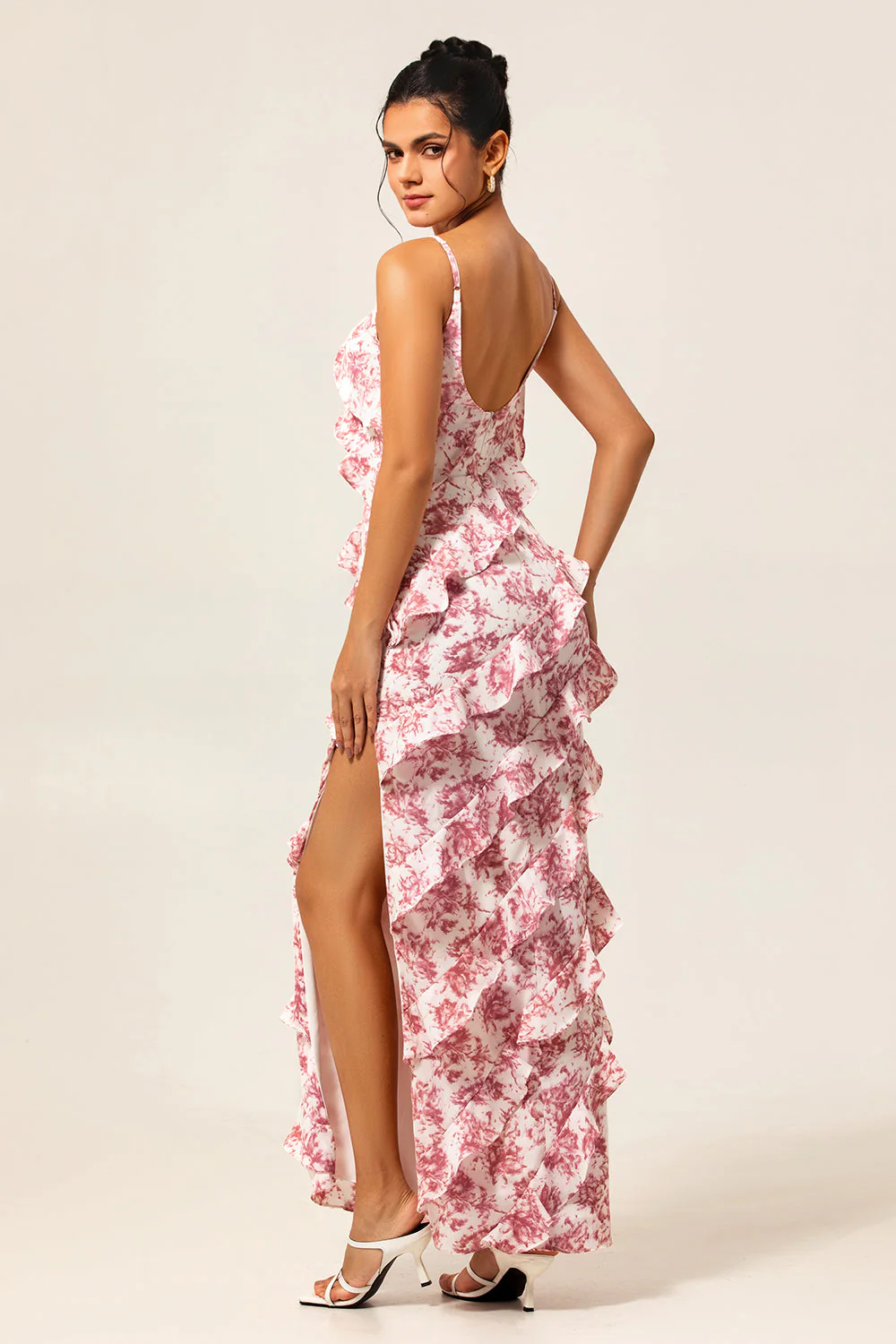 Blush Floral Sheath Ruffled Long Wedding Guest Dress with Slit - Image 2