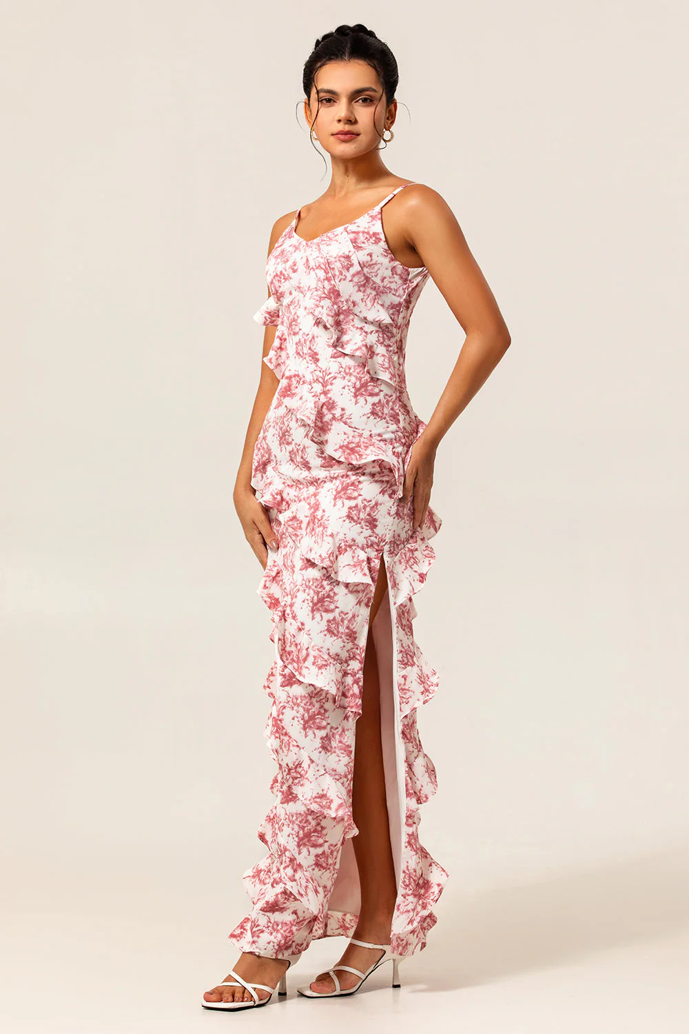 Blush Floral Sheath Ruffled Long Wedding Guest Dress with Slit - Image 3