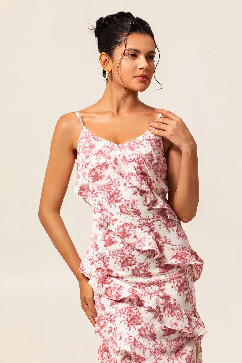 Blush Floral Sheath Ruffled Long Wedding Guest Dress with Slit - Image 4