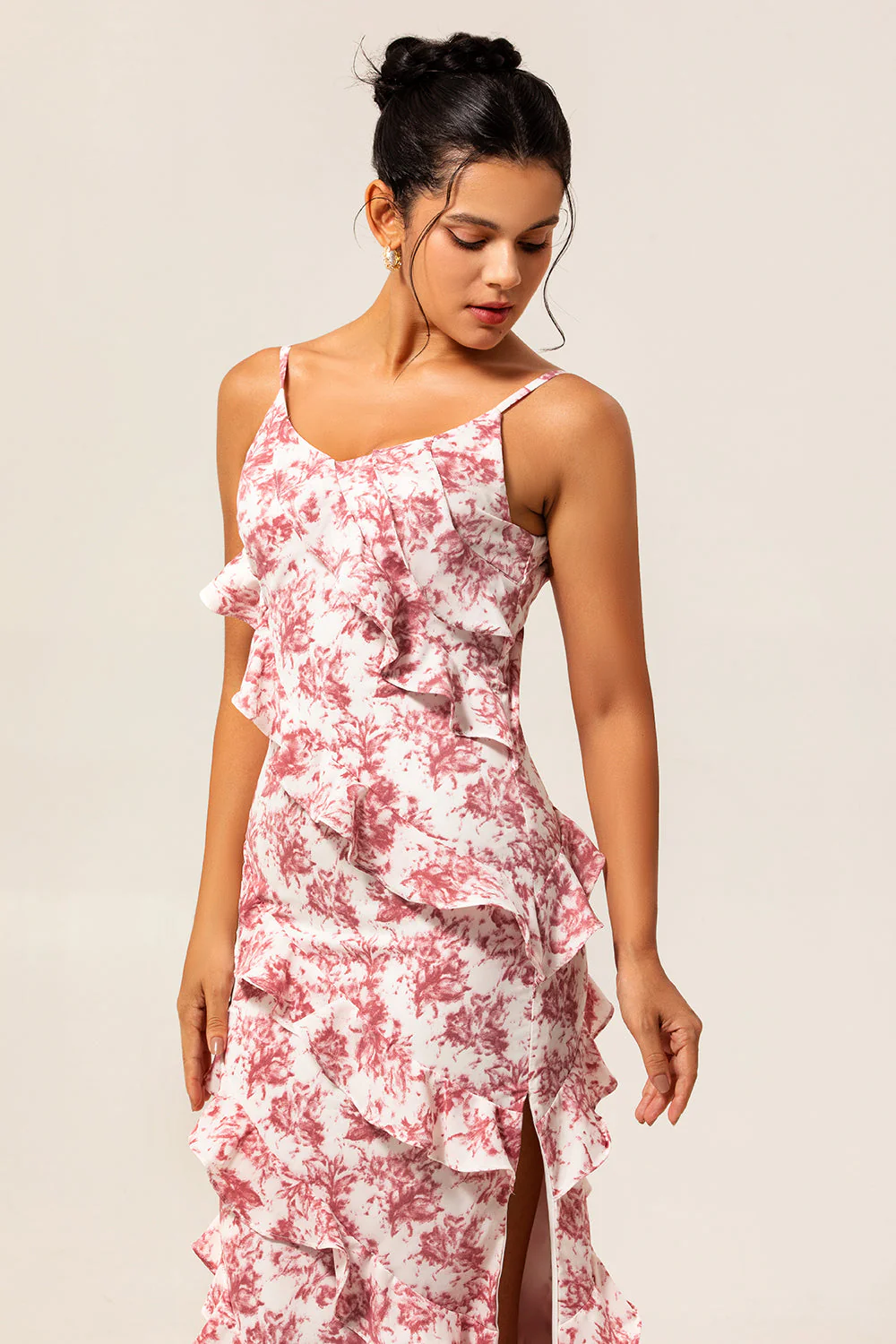 Blush Floral Sheath Ruffled Long Wedding Guest Dress with Slit - Image 5