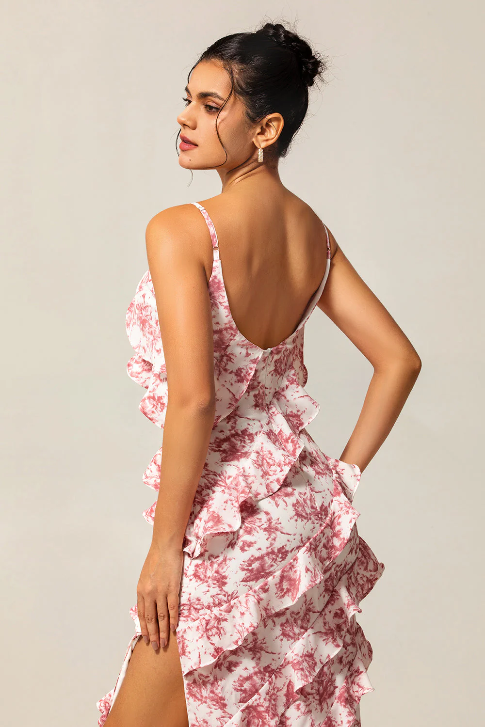 Blush Floral Sheath Ruffled Long Wedding Guest Dress with Slit - Image 6