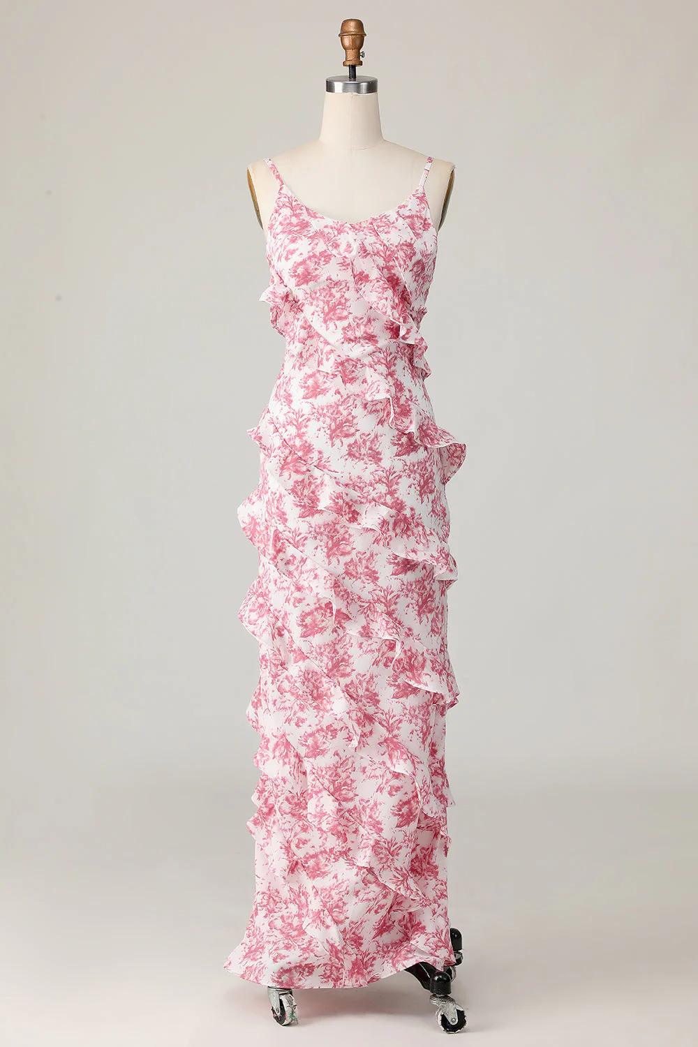 Blush Floral Sheath Ruffled Long Wedding Guest Dress with Slit - Image 7