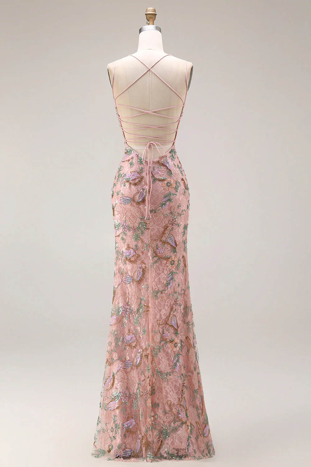Blush Floral Sheath Spaghetti Straps Beaded Long Prom Dress with Sequins - Image 2