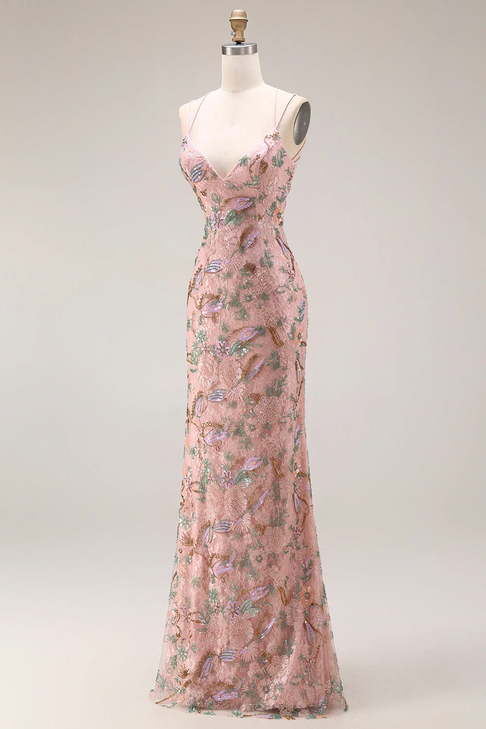 Blush Floral Sheath Spaghetti Straps Beaded Long Prom Dress with Sequins - Image 4