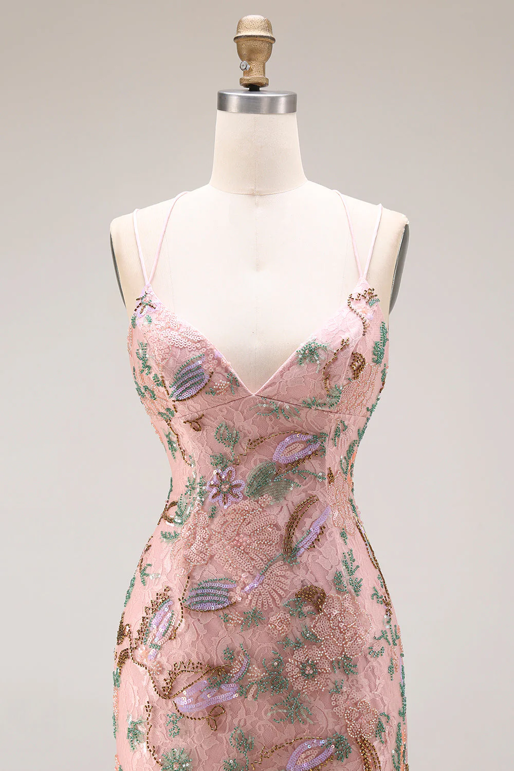 Blush Floral Sheath Spaghetti Straps Beaded Long Prom Dress with Sequins - Image 5