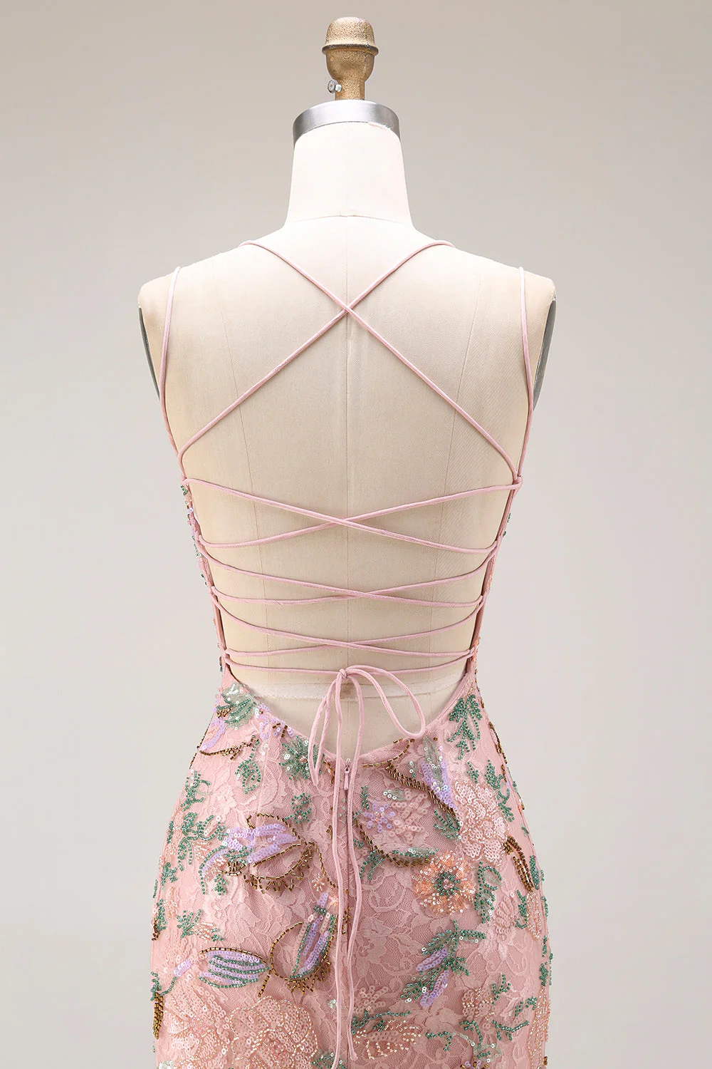 Blush Floral Sheath Spaghetti Straps Beaded Long Prom Dress with Sequins - Image 6