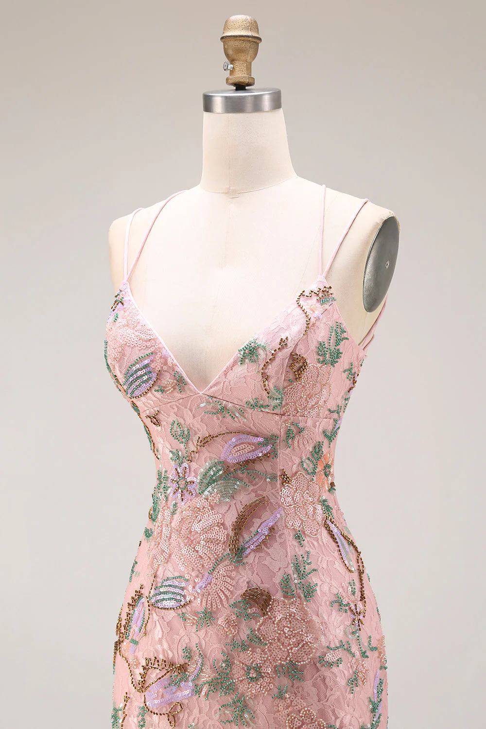 Blush Floral Sheath Spaghetti Straps Beaded Long Prom Dress with Sequins - Image 7