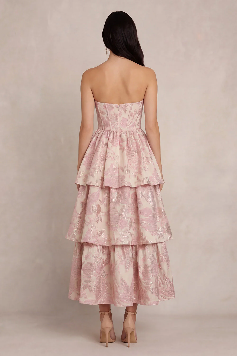 Strapless Blush Flower Jacquard A-Line Tiered Corset Satin Midi Dress - Image 2