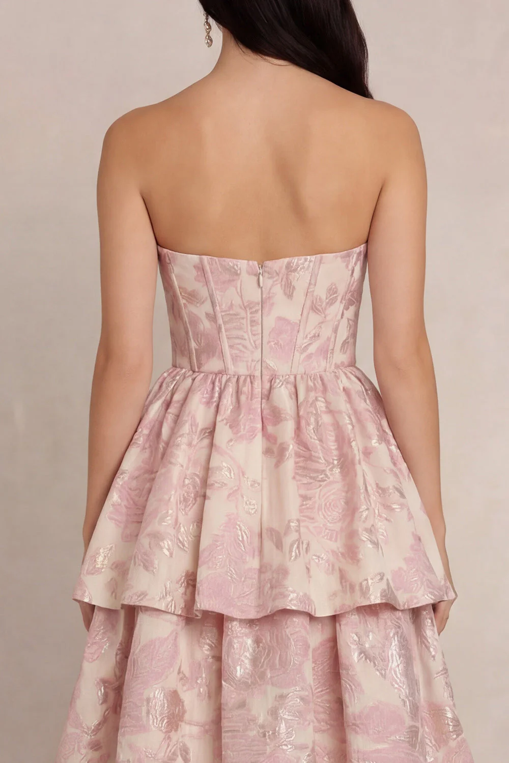 Strapless Blush Flower Jacquard A-Line Tiered Corset Satin Midi Dress - Image 4