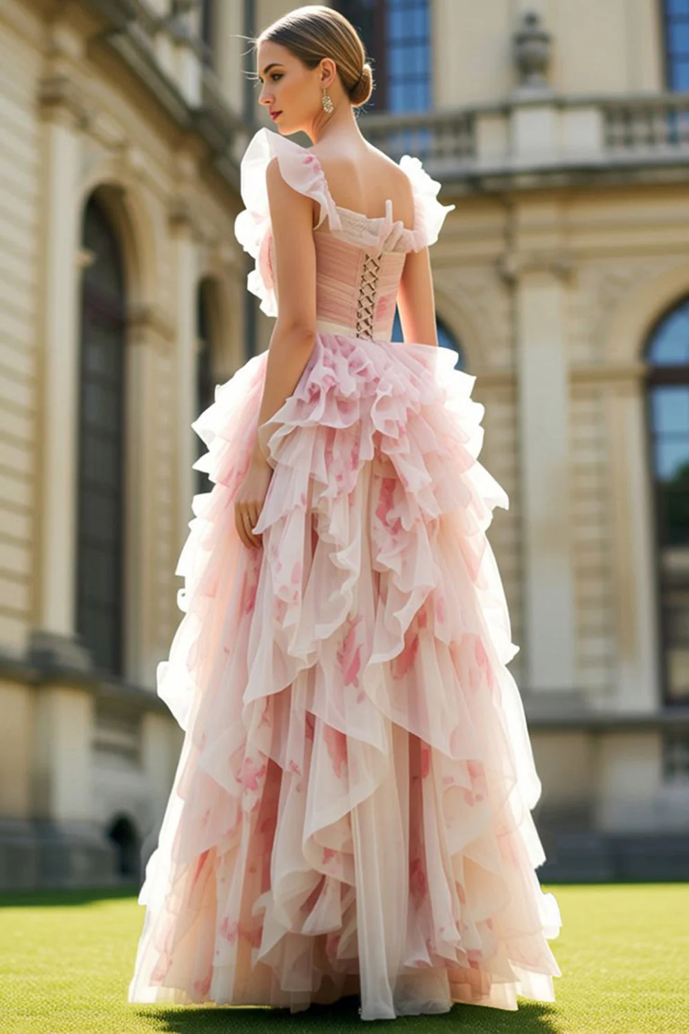 Blush Flower Ruffled A-Line Cut Out Long Prom Dress with Bows - Image 2