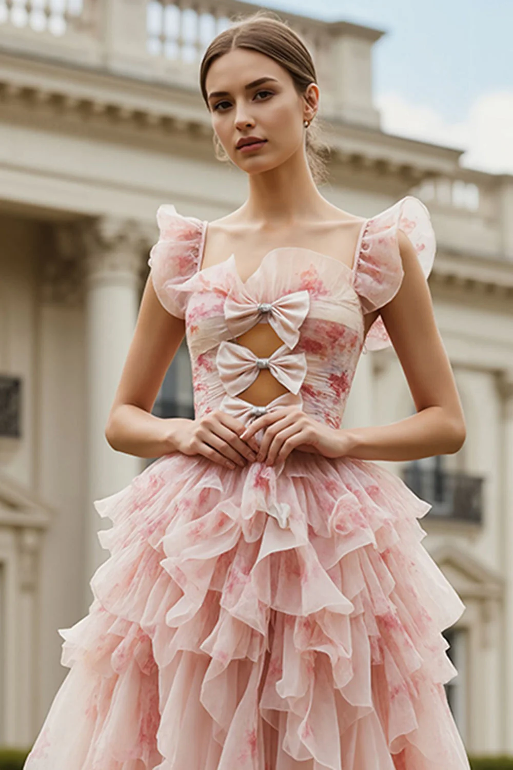 Blush Flower Ruffled A-Line Cut Out Long Prom Dress with Bows - Image 3
