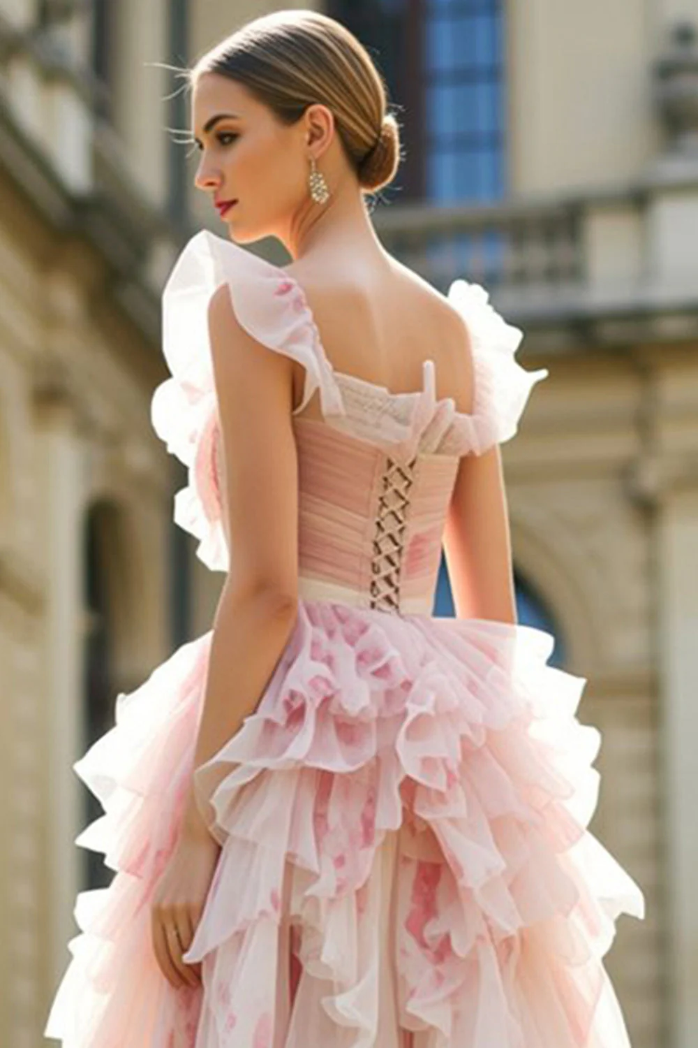 Blush Flower Ruffled A-Line Cut Out Long Prom Dress with Bows - Image 4