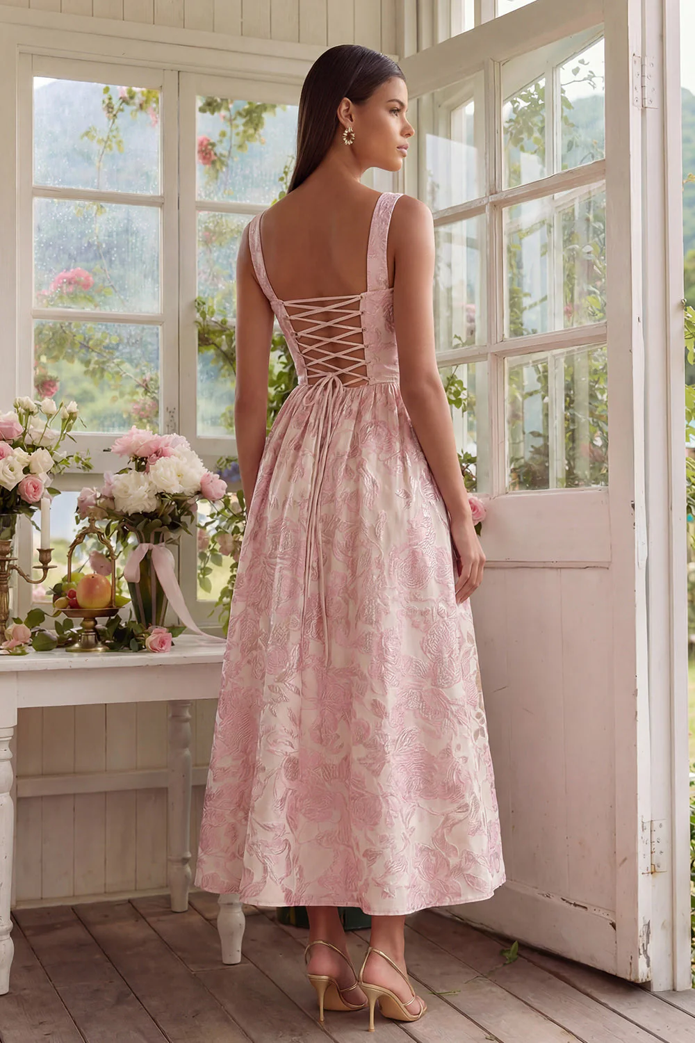 Blush Jacquard A Line Square Neck Midi Dress with Lace Up Back - Image 2