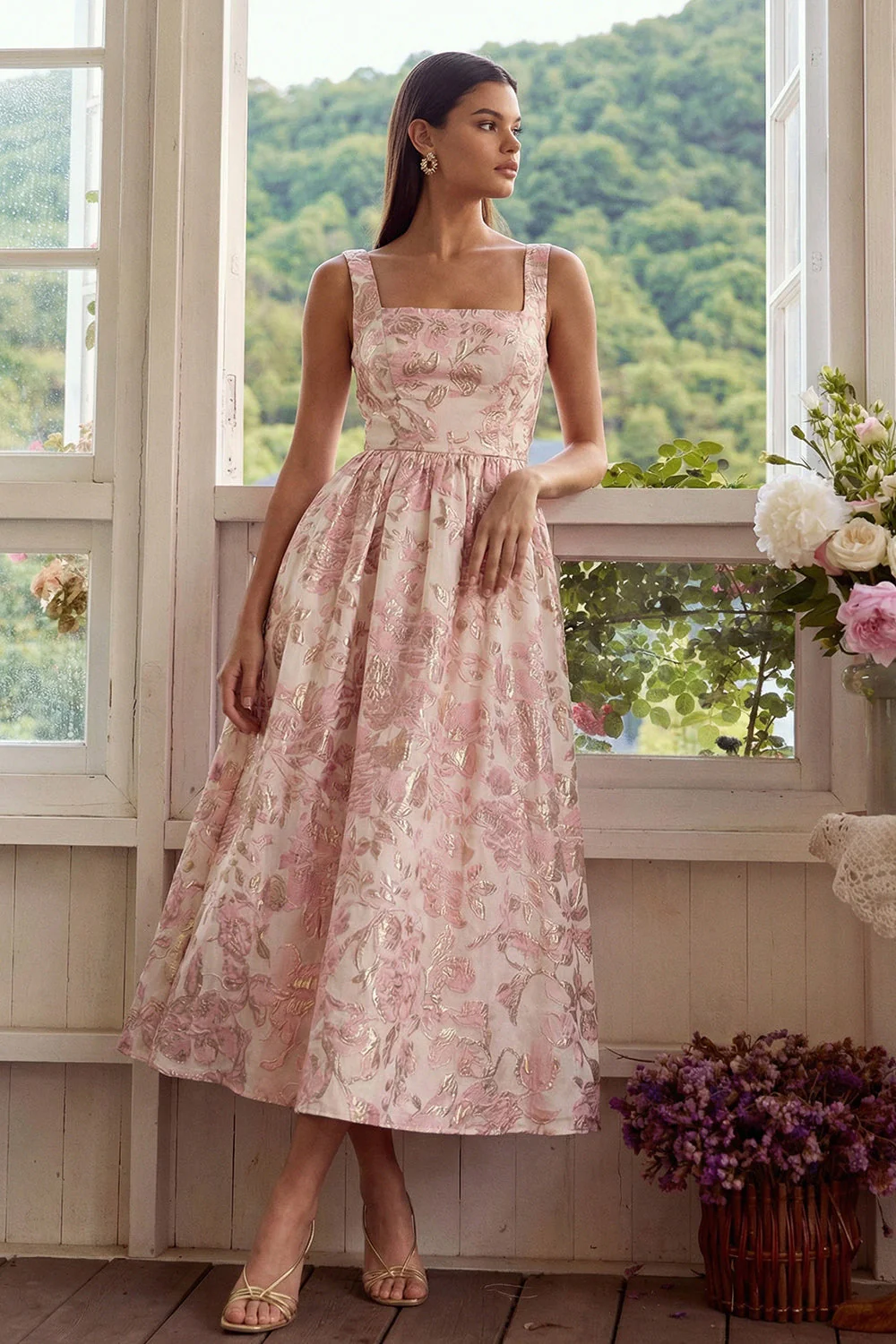 Blush Jacquard A Line Square Neck Midi Dress with Lace Up Back - Image 3