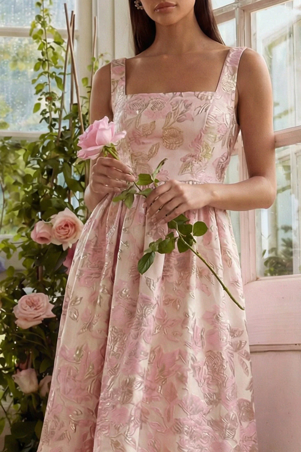 Blush Jacquard A Line Square Neck Midi Dress with Lace Up Back - Image 4