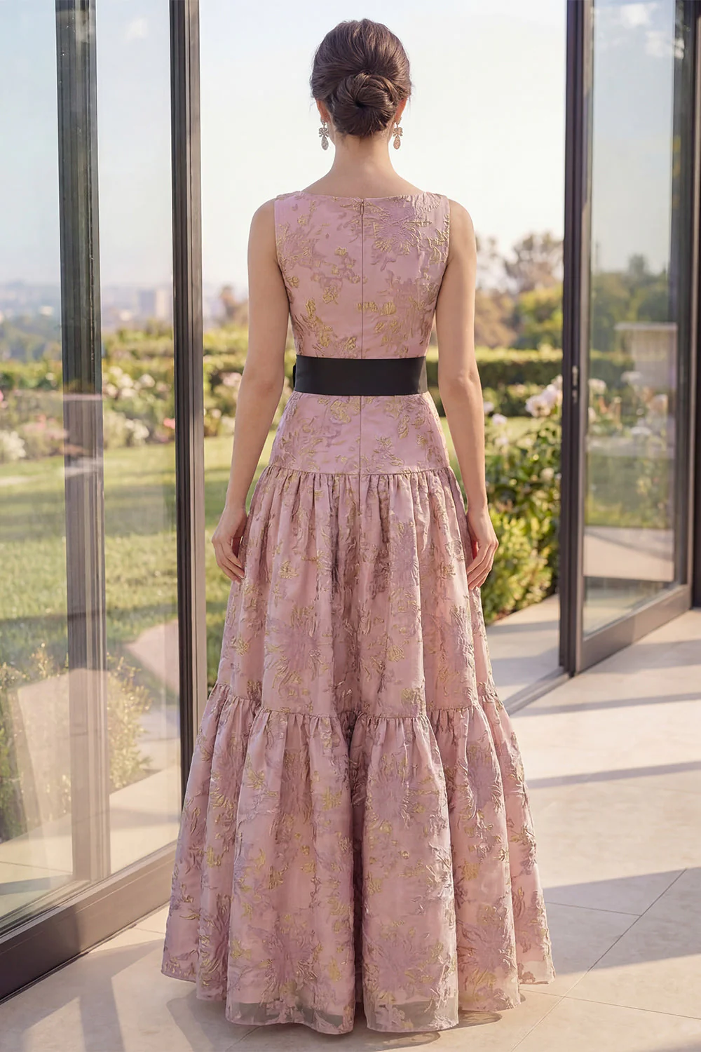 Blush Jacquard A Line Boat Neck Maxi Floral Dress with Bow - Image 2