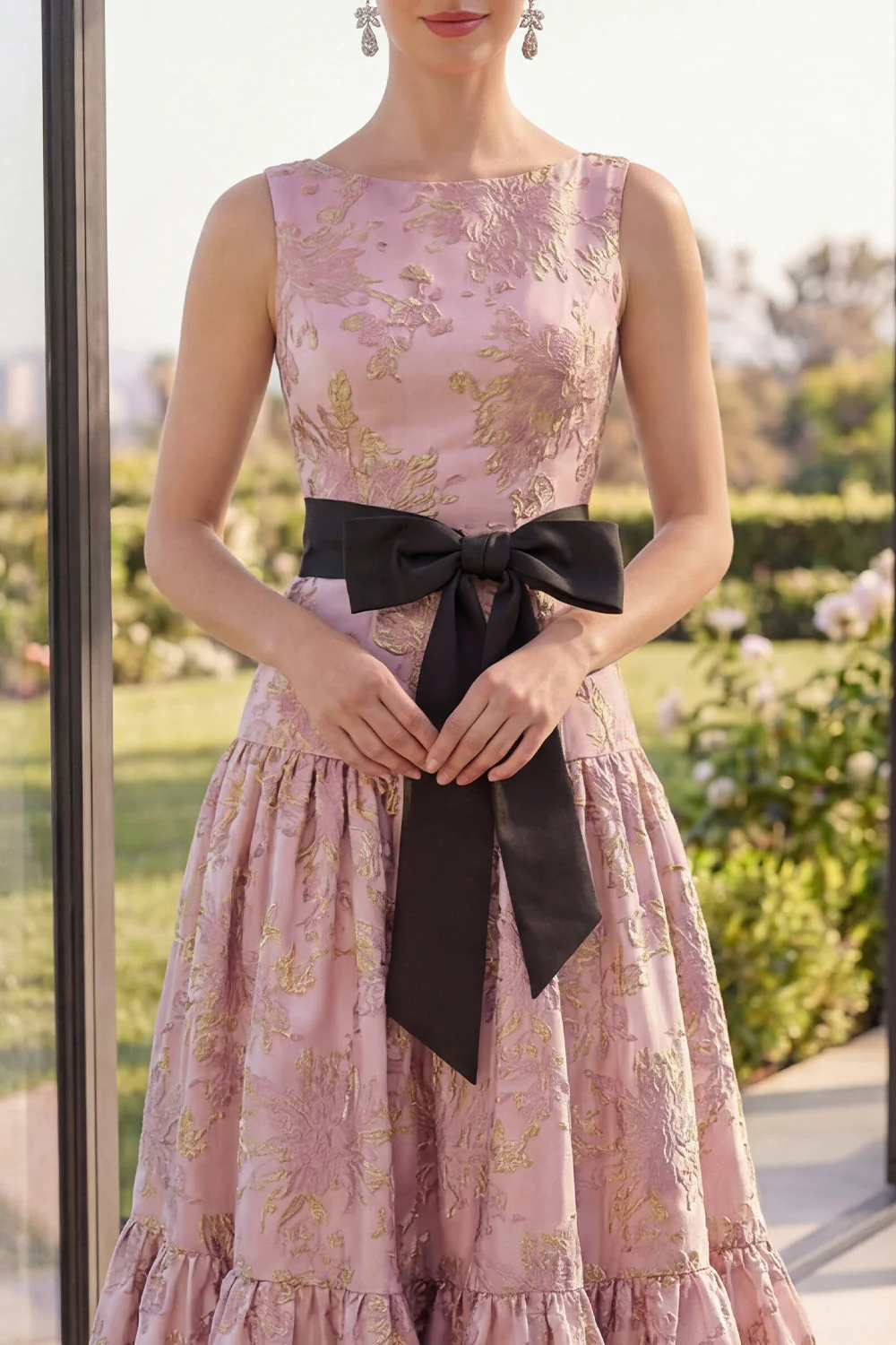Blush Jacquard A Line Boat Neck Maxi Floral Dress with Bow - Image 3