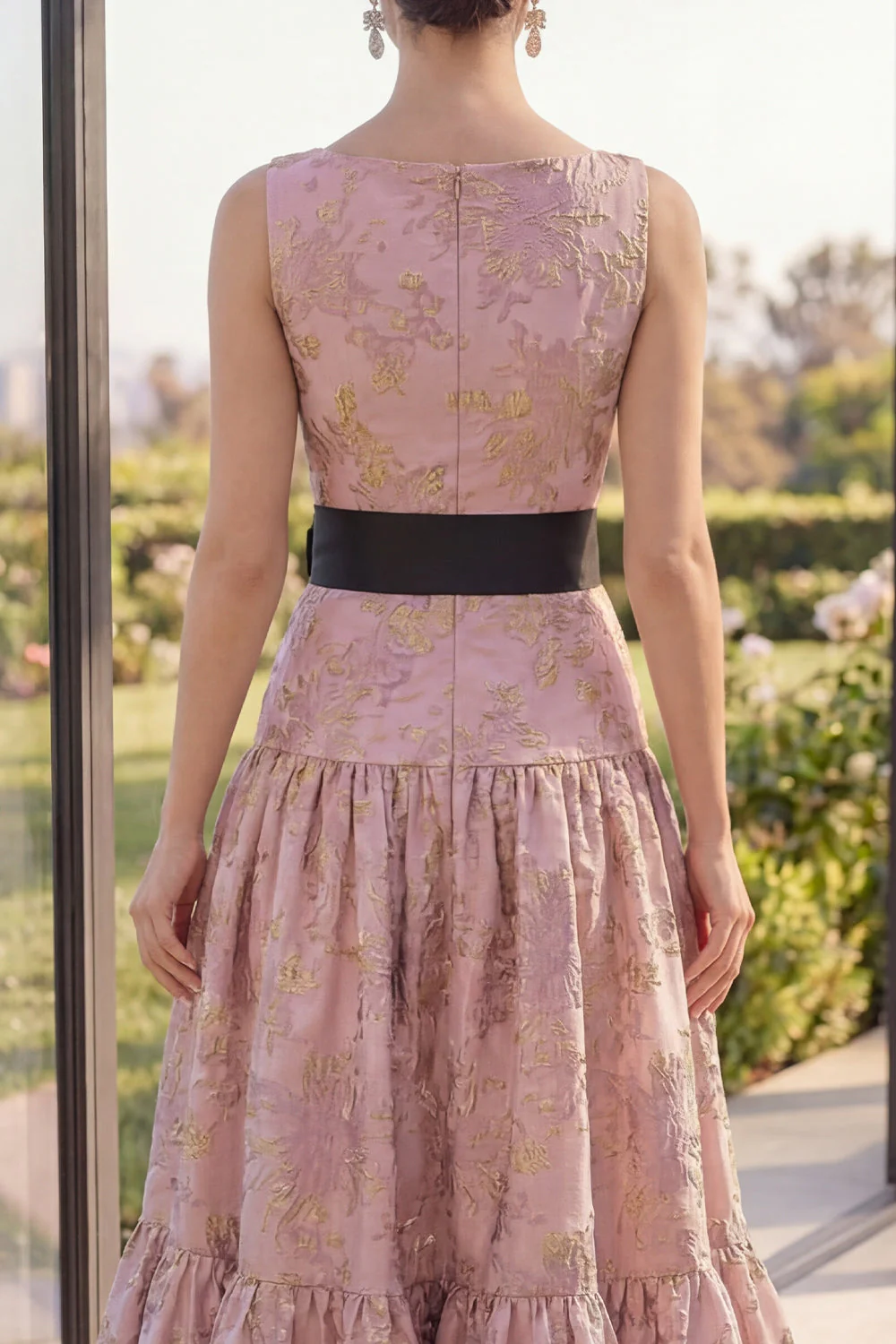 Blush Jacquard A Line Boat Neck Maxi Floral Dress with Bow - Image 4
