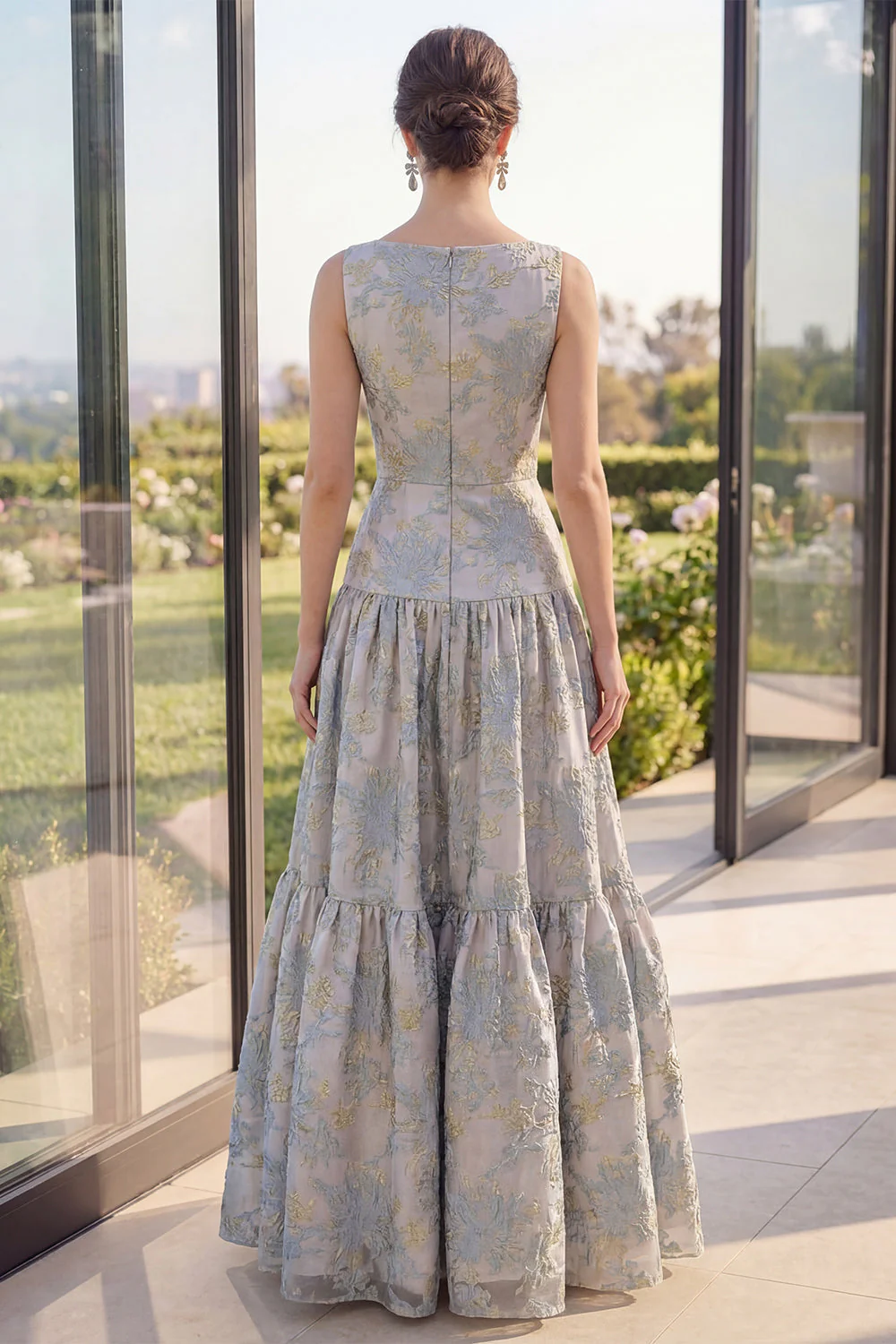 Blush Jacquard A Line Boat Neck Maxi Floral Dress with Bow - Image 6