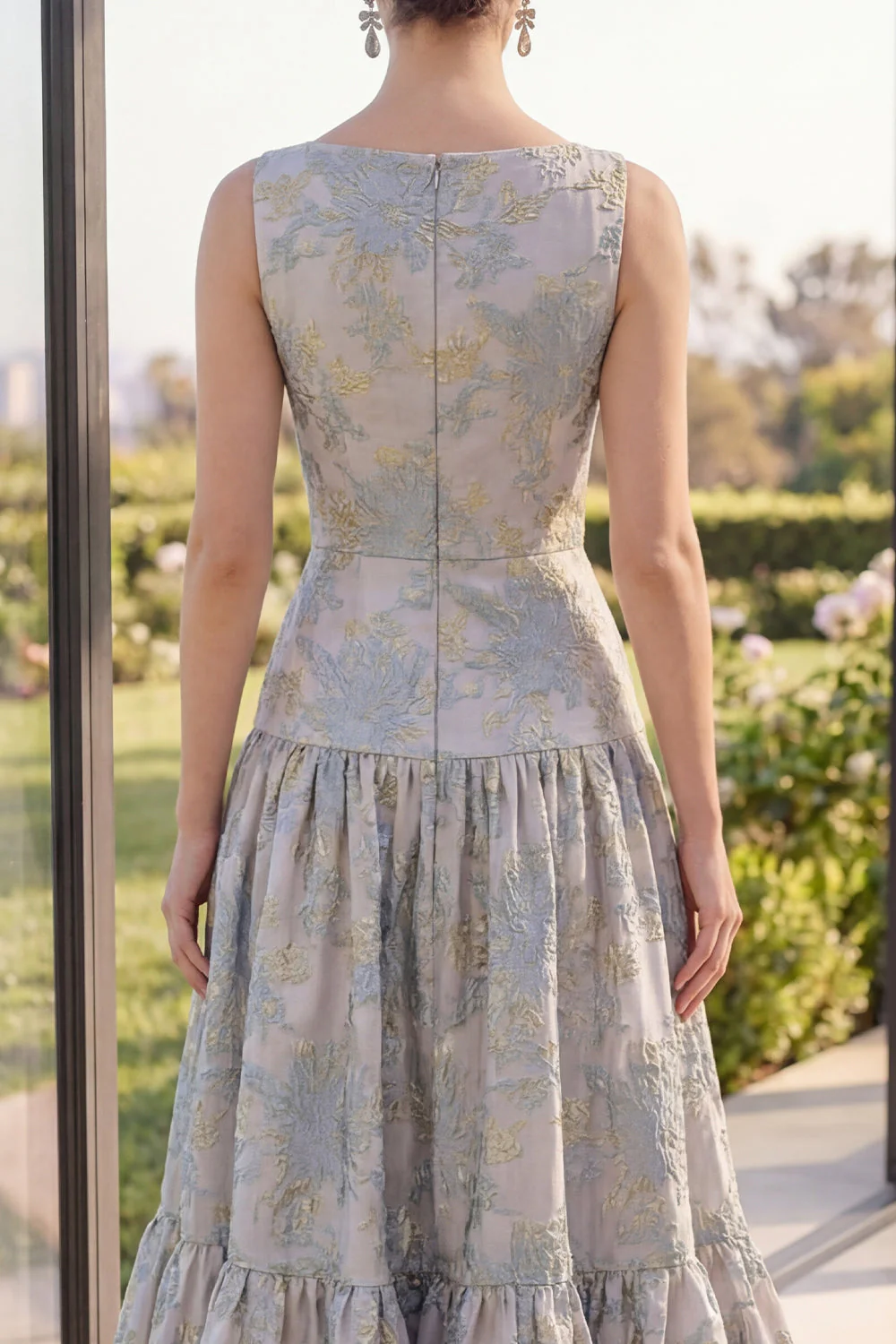 Blush Jacquard A Line Boat Neck Maxi Floral Dress with Bow - Image 8